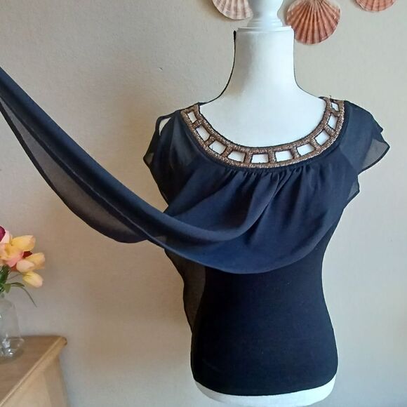 BCX Stretch blouse with bronze Beaded Embroidered collar - Picture 7 of 12
